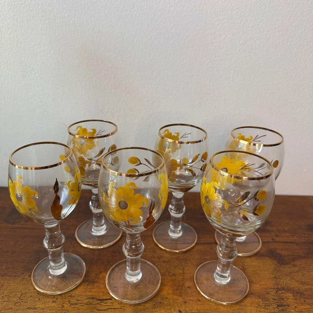 Vtg Mid-Century Romanian Glass Decanter Set - 6 Cordial Glasses - Hand Painted